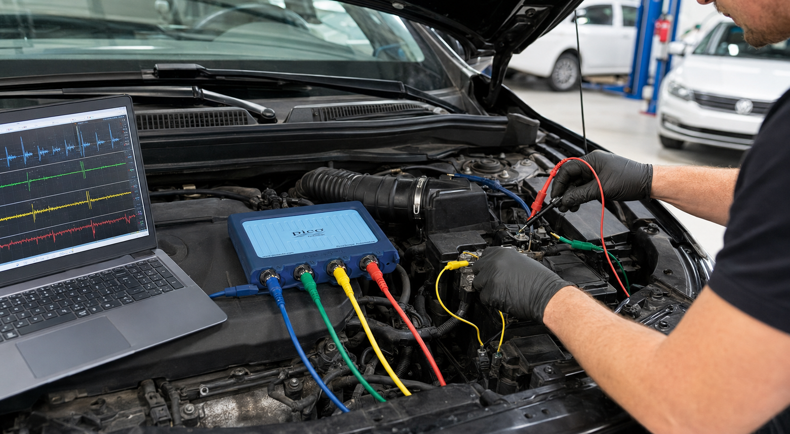 Automotive technician performing vehicle diagnostics