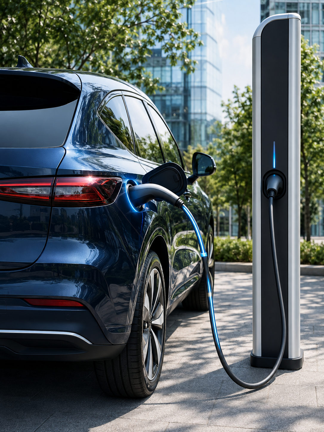 Electric vehicle connected to a charging station