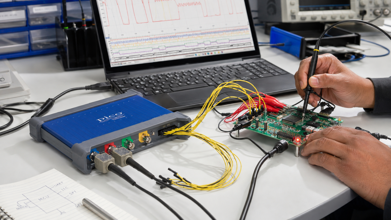 Engineer testing an embedded electronic system