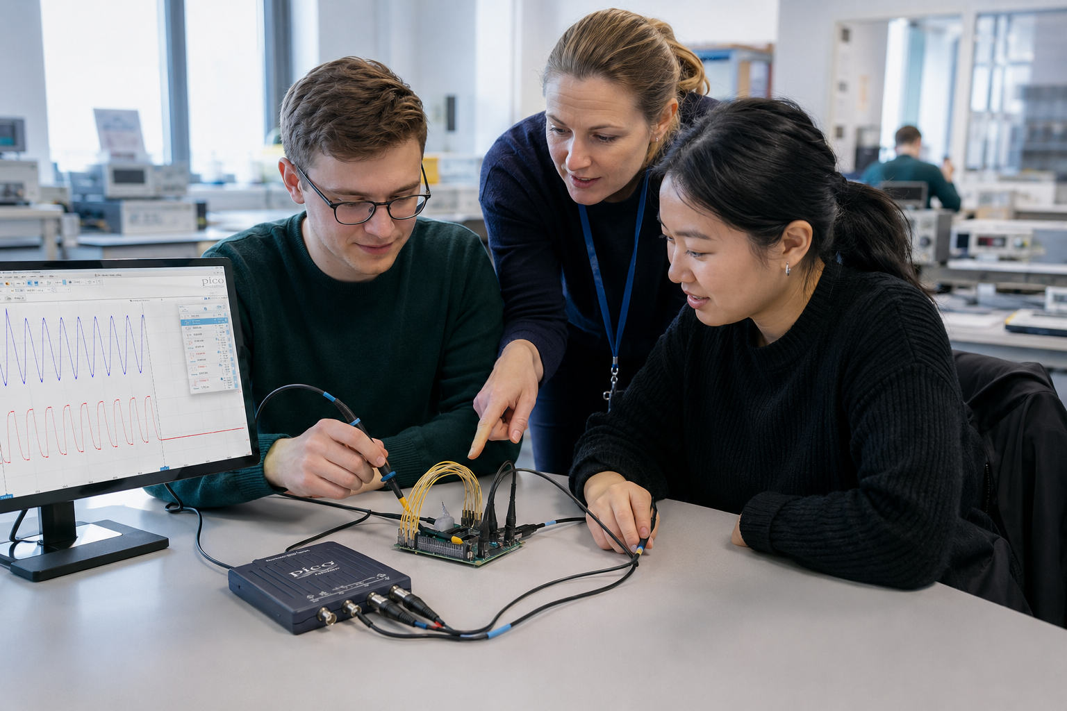 Students using measurement equipment in an engineering laboratory