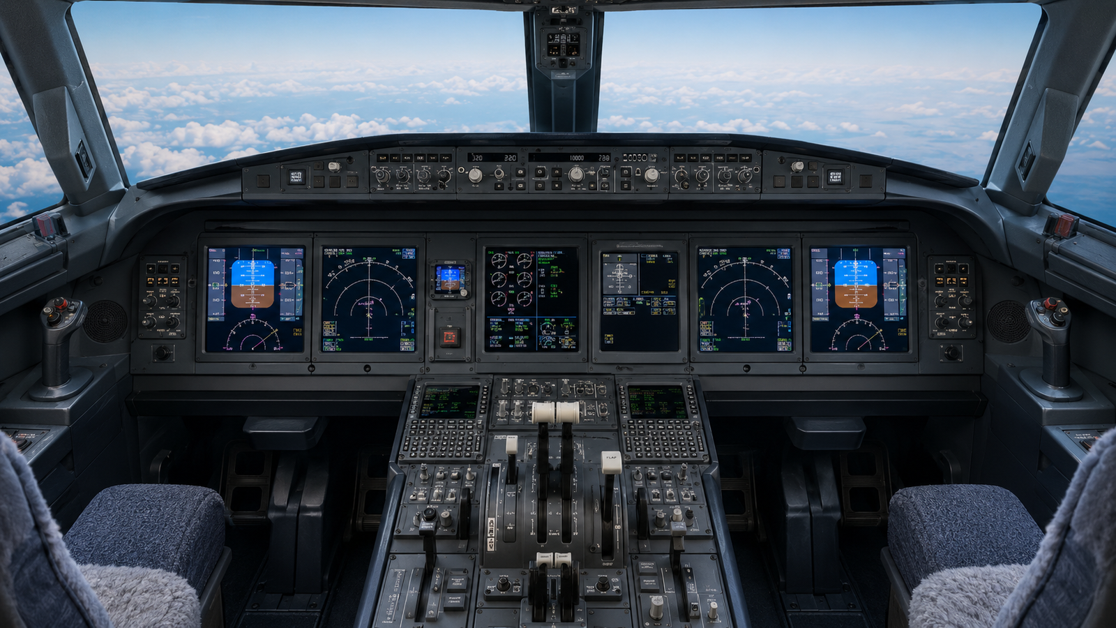 Modern commercial aircraft cockpit and avionics displays