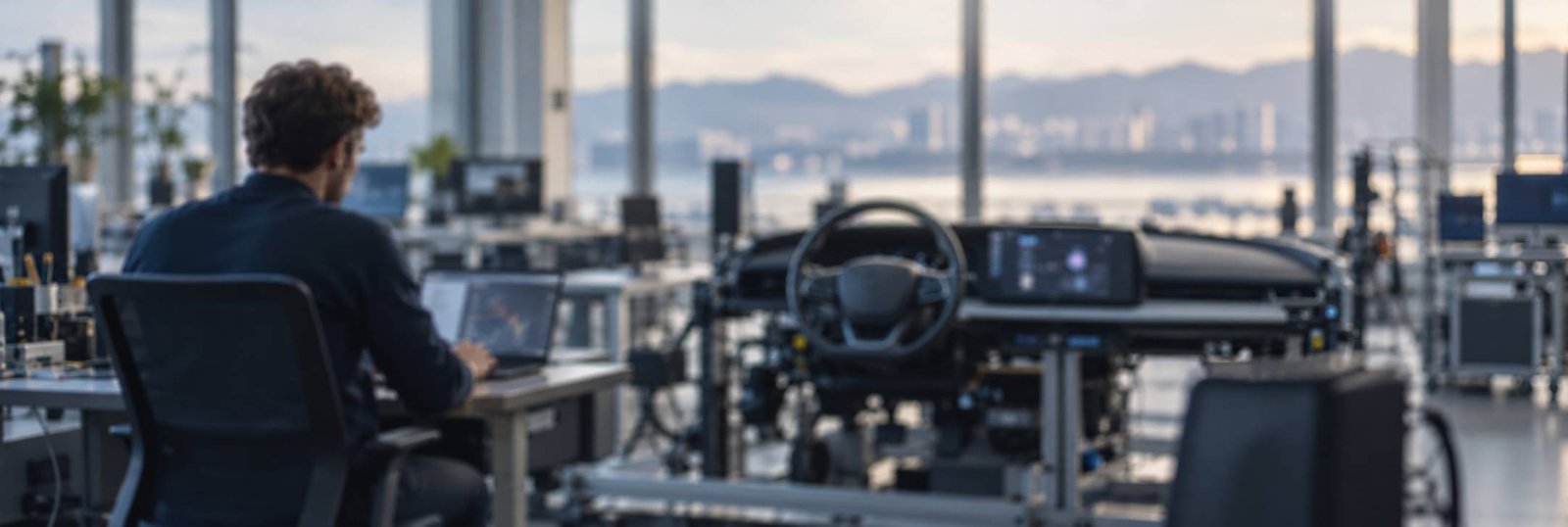 Softly blurred automotive infotainment development workspace