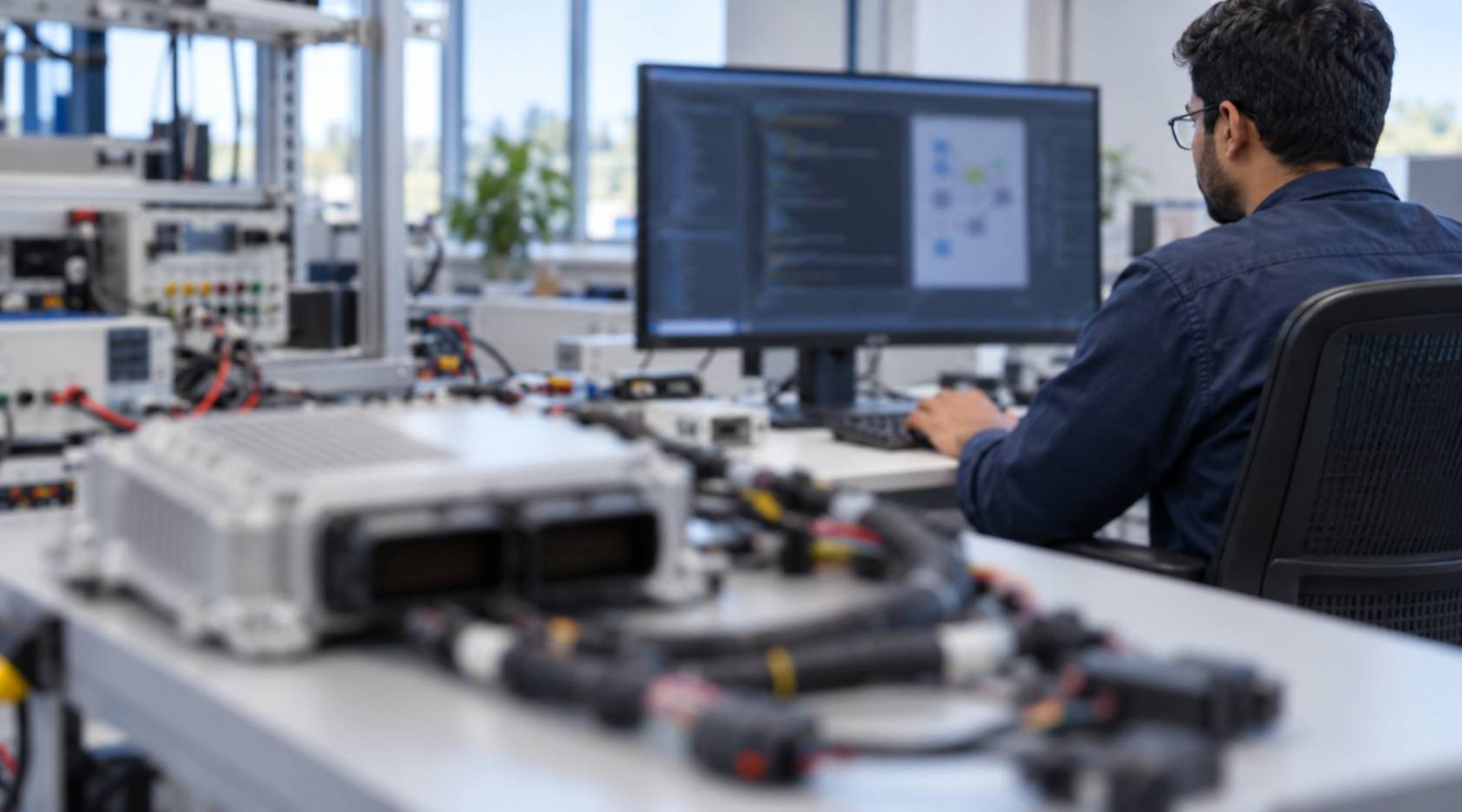 Automotive ECU and wiring harness at a software integration workstation