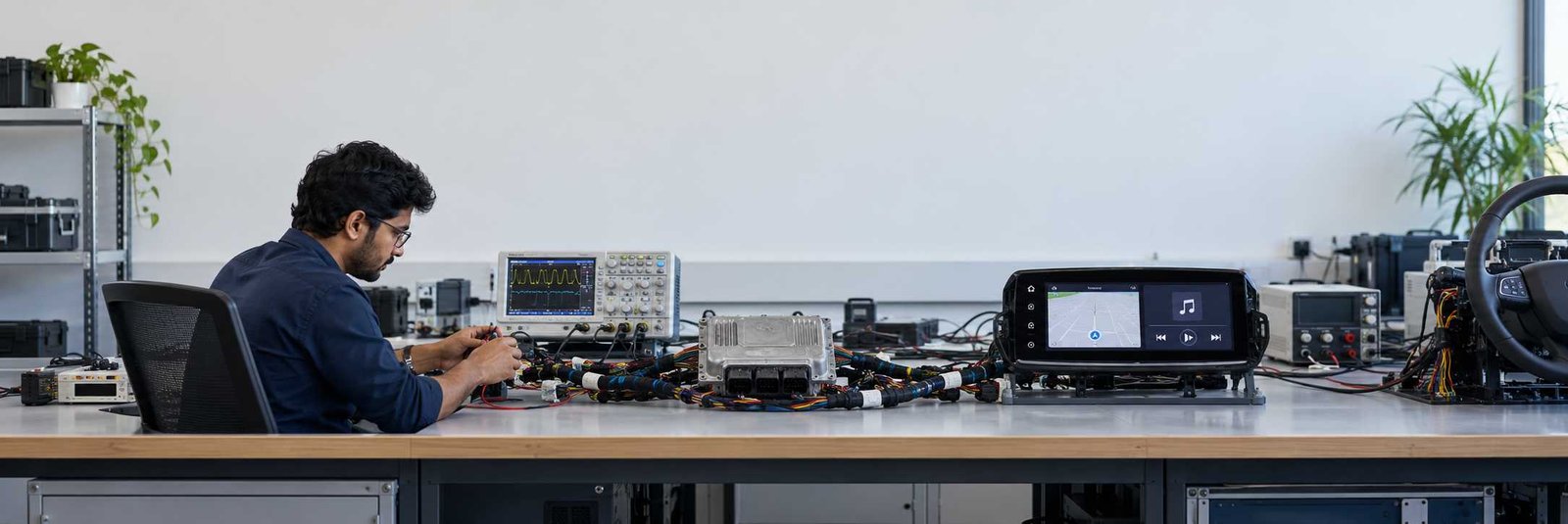 Engineer working with automotive electronic control units and an infotainment development setup