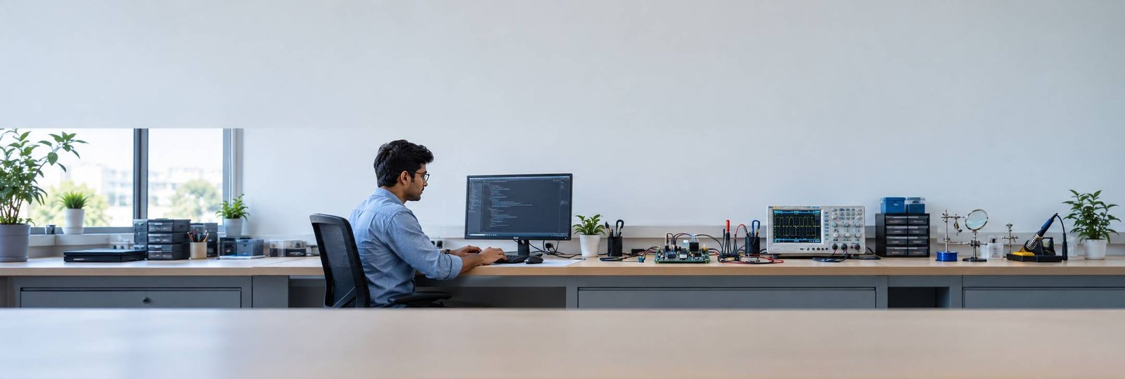 Engineer developing embedded software with a development board and oscilloscope
