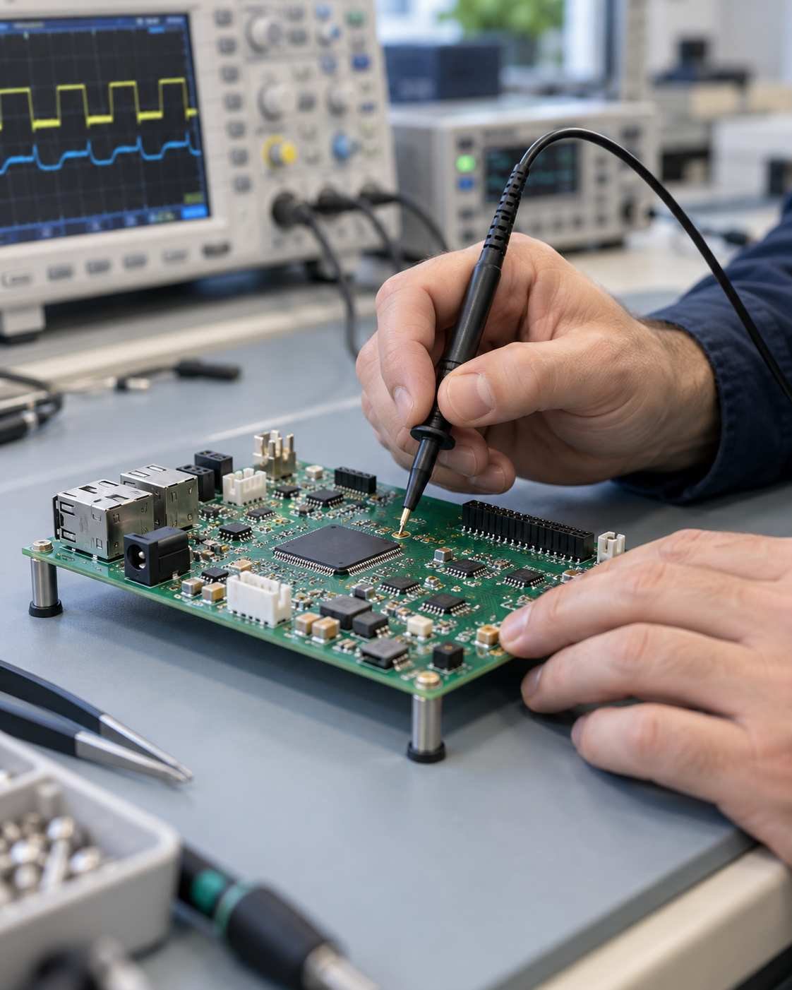Engineer probing an embedded development board