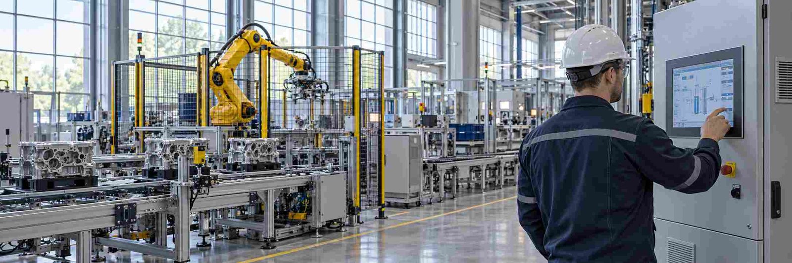 Industrial production equipment and an operator using a machine control panel