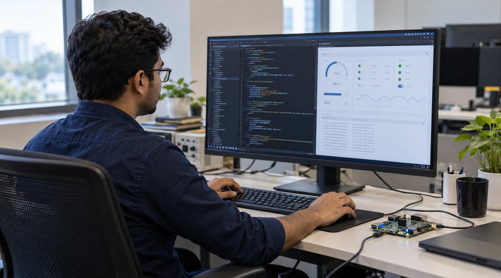 Engineer working on application software and a user interface