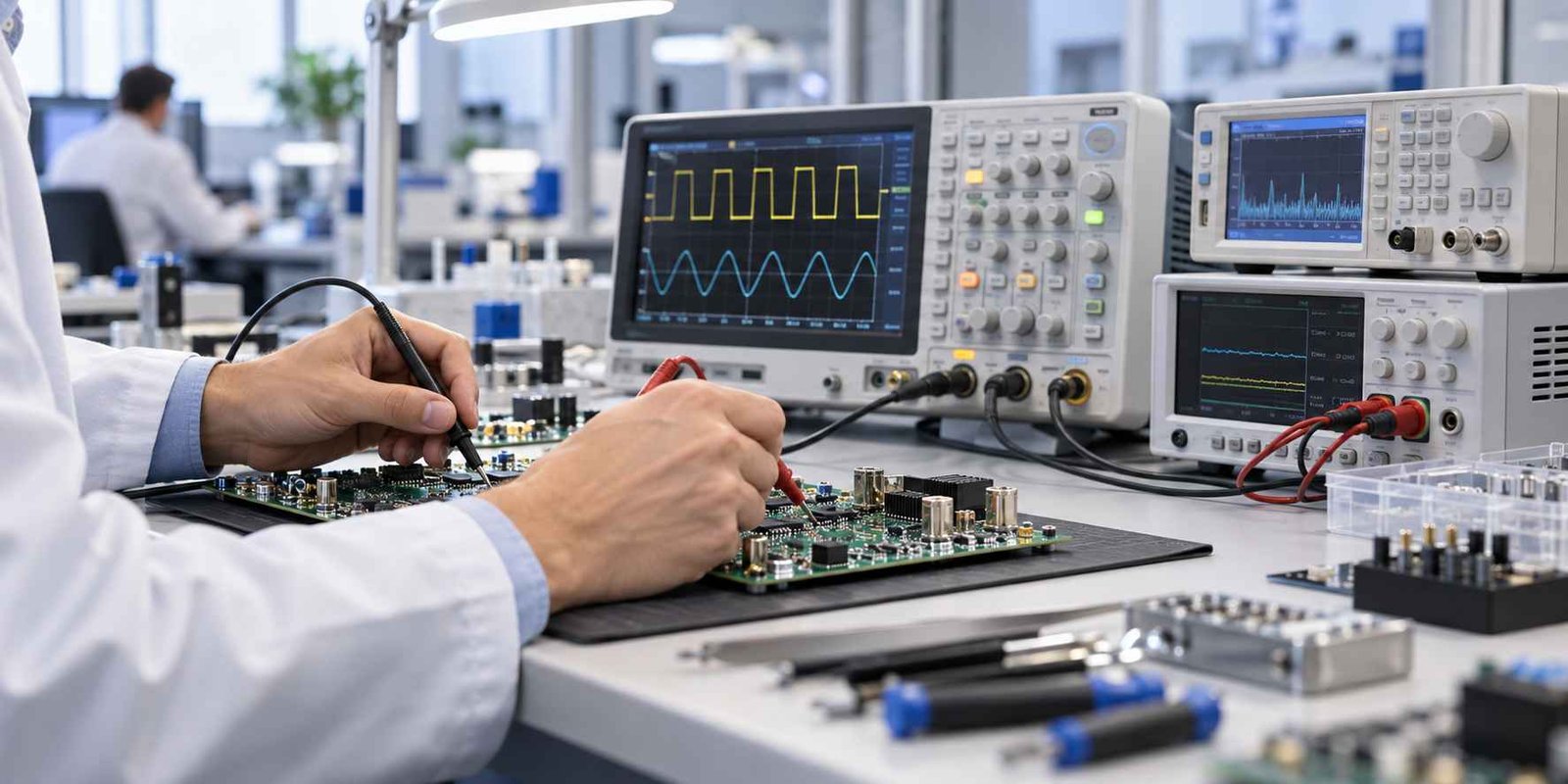 Electronic test and measurement work using professional laboratory instruments